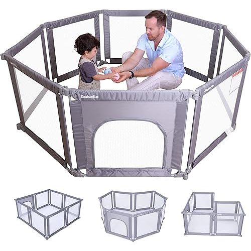 Babelio Foldable Playpen for Babies and Toddlers- Adjustable Shape & Area, Playpen with Zipper Gate, Portable Baby Fence for Indoor & Outdoor, Multi-Functional Baby Play Yard
