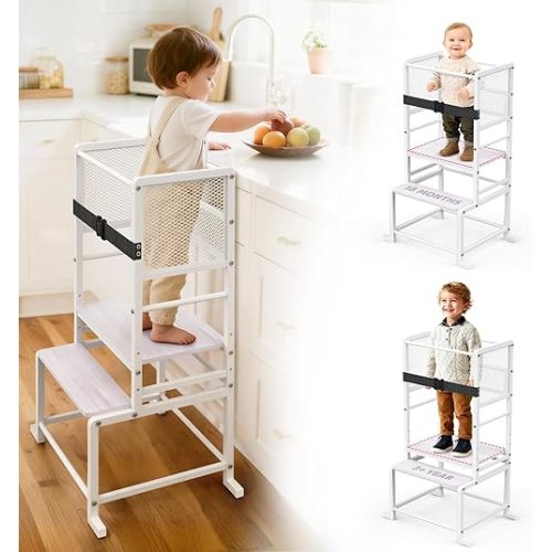 Toddler Kitchen Step Stool Adjustable Height Learning Standing Tower with Safety Feet, Steel Wood Kitchen Stool Helper for Kids, 1-3 Year Old Boy Girl Gifts