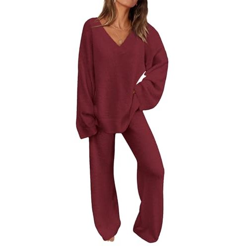 PRETTYGARDEN Lounge Sets for Women Fall 2 Piece Fuzzy Sweater Pajama Set | Cozy Matching Pjs, Chunky Knit Winter Outfits, Comfy Loungewear, Long Sleeve V Neck Sweaters, Wide Leg Pants, Casual Clothes
