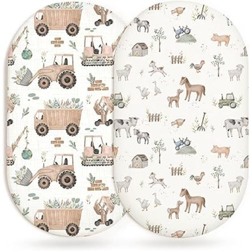 Bassinet Sheets for Baby Girls Boys 2 Pack, Fitted Baby Mattress Sheet for Rectangle, Oval, Hourglass Bassinet Mattress, Breathable Cozy & Universal Fit (Little Farm)