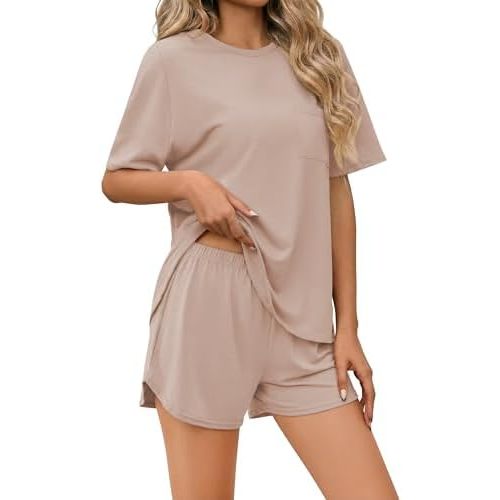 Ekouaer Pajama Set for Women Bamboo Viscose Pjs Set Ultra Soft Short Sleeve Sleepwear 2 Piece Lounge Sets S-XXL