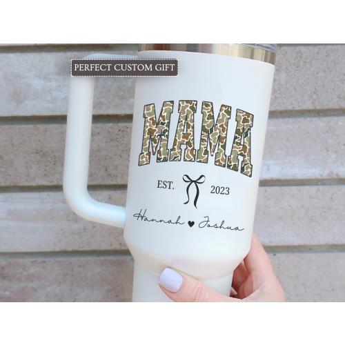 Camo Mama Personalized Mama 40 oz Tumbler, Custom Year 40 Ounce Travel Mug Gift with Kids Names, Stainless Steel Tumbler Cup with Straw
