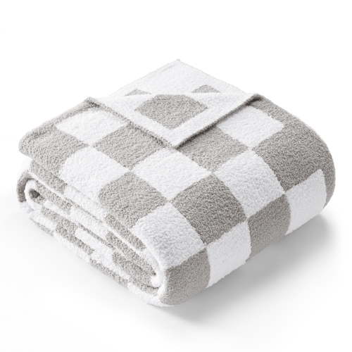 Exclusivo Mezcla Checkered Knit Blanket for Bed Twin Size, Ultra Soft Cozy Fluffy Blanket, Lightweight Fuzzy Throw for Couch and Bed, Light Grey, 60"x80"