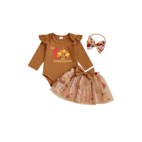RUINIXCW Newborn Baby Girl My First Thanksgiving Outfit Infant Baby Girls Fall Clothes Letter Long Sleeve Romper with Turkey Print Tulle Tutu Skirt Headband Set
