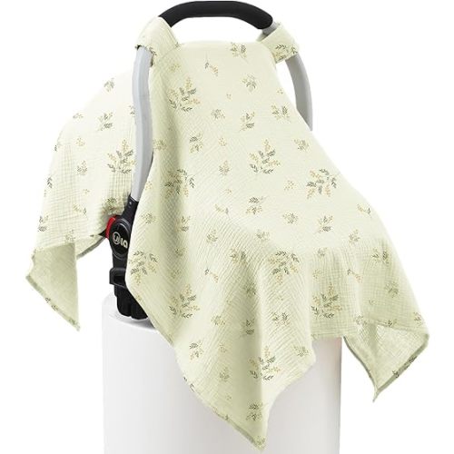 100% Muslin Cotton Car Seat Cover Baby, Carseat Canopy Cover, Universal Fit Stroller Covers for Boys and Girls (Green Beige Leaf)