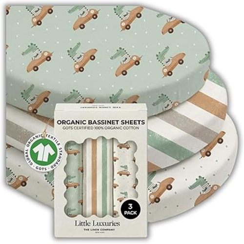 100% Organic Cotton Bassinet Sheets 3 Pack - (33 x 20 Inches) Baby Delight - GOTS Certified, Soft Breathable Percale Weave, Universal Fits Standard Oval & Rectangular Mattress - for Boys & Girls