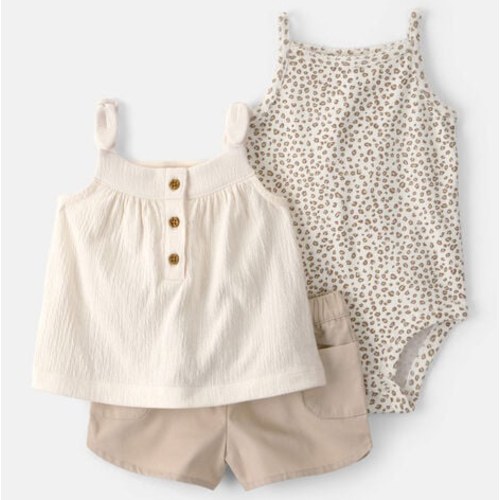 Baby Girl 3-Piece Cheetah Top, Bodysuit & Short Set - Khaki/Ivory | Carter's