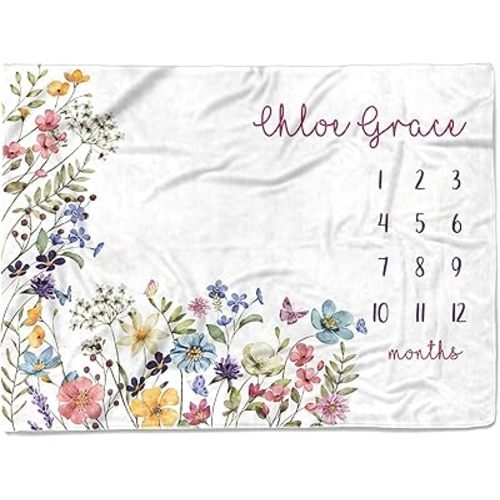 Personalized Baby Milestone Blanket - Custom Monthly Blankets with Name for Boys and Girls - Customized Shower Gifts (Wildflower MS TM40)
