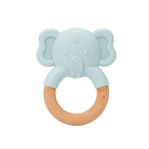 TookyToy Elephant Baby Teether with Wooden Ring, Silicone Teething Toy for Infants
