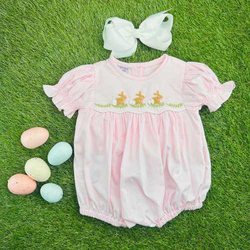Easter Bunny Smocked Belfort Bubble - with French Knot Bunnies, sibling matches, Cottontail Rabbit, Baby Girl, Heirloom 695 *D