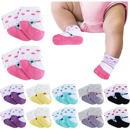 Toulite 12 Pairs Preemie Socks Baby Girls Boys Premature Ruffle Turn Cuff Cotton Sock Hospital NICU for Newborn