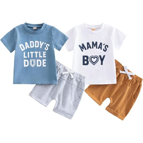 Baby and Toddler Boys 4-Piece Clothes Set, 2-Pack Cotton Short Sleeve Graphic T-Shirts & Shorts Summer Outfit