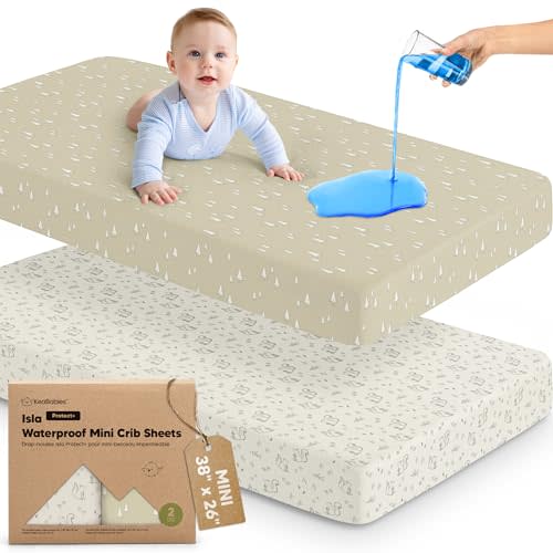 2pk Waterproof Pack and Play Sheets, Mini Crib Sheets Fitted (Pine Grove) | 38x26 Pack N Play Mattress Sheets, Soft Viscose from Bamboo, Gender Neutral Boy Girl, Toddler Playard, Mini Baby Crib Sheets