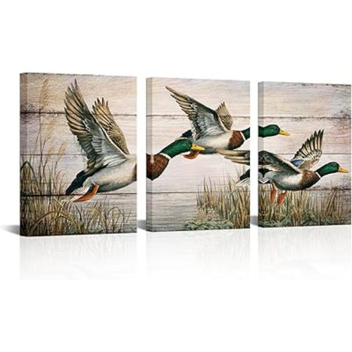 LevvArts Lake House Wall Decor Mallard Duck Painting Print Vintage Farmhouse Country Cottage Wall Decor 12"x16"x3