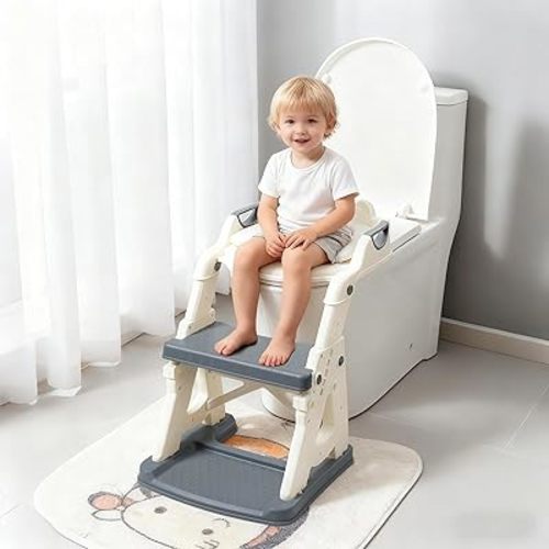 Potty Training Toilet Seat for Toddlers,2 in 1 Toddler Toilet Seat with Steps, Grey Adjustable Toddler Seat for Boys Girls,with Anti-Slip Steps Splash Guard Safety Handles.