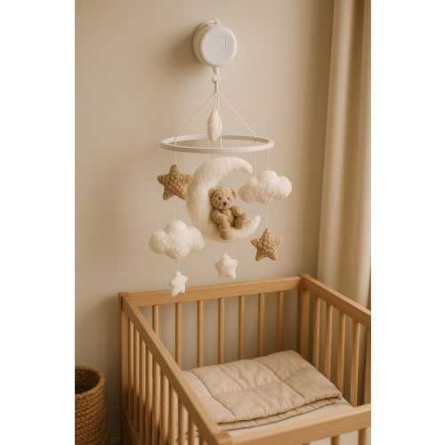 Teddy bear on moon Boucle cloud nursery baby mobile, Neutral nursery mobile, Stars baby crib mobile, Clouds mobile,Minimalist nursery mobile