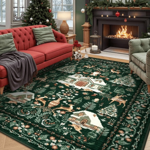 Moynesa 8'x10' Large Christmas Rug for Living Room, Washable Non-Slip Area Rug, Soft Vintage Holiday Rug for Dining Room, Bedroom Xmas Accent Carpet Indoor Christmas Decor, Green