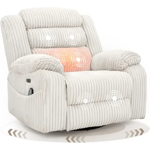 Power Swivel Rocker Recliner Chair for Adults with Massage and Heat, USB and Type-C Charging Port, Infinite Position, Electric Glider Rocking Chairs for Living Room, Nursery, Pale Grey