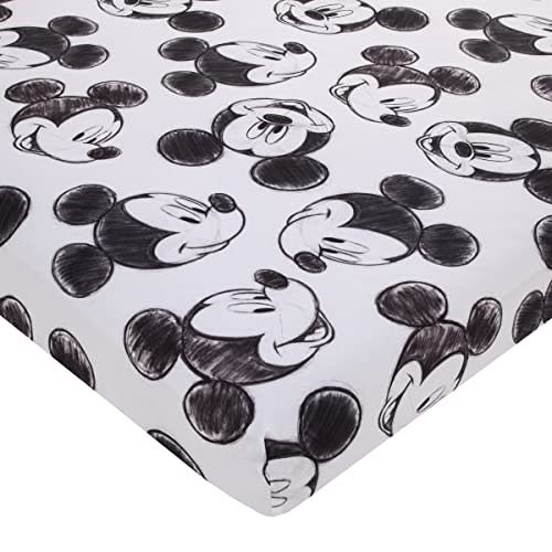 Disney Mickey Mouse - Charcoal Black and White Smiling Mickey Mouse Nursery Fitted Polyester Mini Crib Sheet