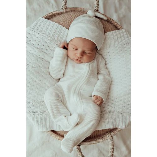 3 Little Crowns My First Outfit Footed Jumpsuit + Beanie - Powder White