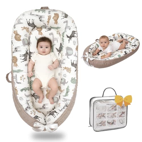 Baby Lounger-Breathable and Soft Organic 100% Cotton, Portable Infant Lounger with Removable Lounger Cover, Floor Lounger for Newborn - Animal