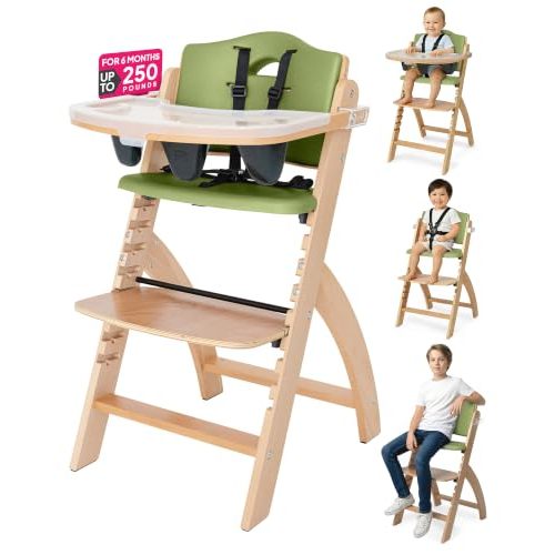 Abiie Beyond Junior Convertible Wooden High Chair with Removable Tray | Adjustable Highchair for Babies & Toddlers, Grow With Me, 6 Months to 250 lbs, Water Resistant, Natural Wood w/ Olive Cushion