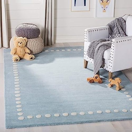 SAFAVIEH Kids Collection Accent Rug - 3' x 5', Blue & Ivory, Handmade Polka Dot Border Wool, Ideal for High Traffic Areas in Entryway, Living Room, Bedroom (SFK802M)