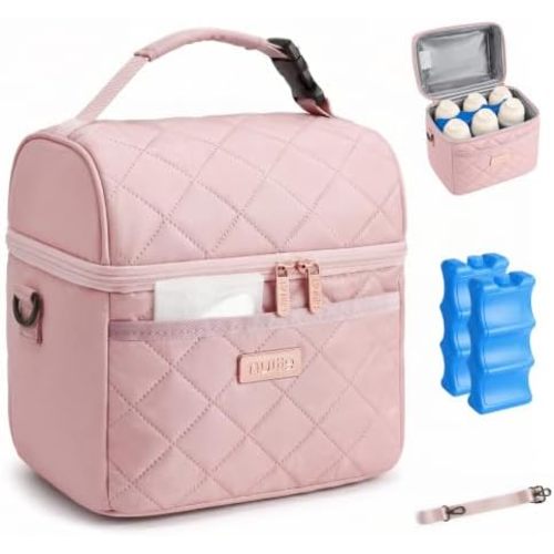 Nuliie Breastmilk Cooler Bag with 2 Ice Packs, Fits 6 Baby Bottles Up to 10 Ounce, Four Layer Insulated Baby Bottle Bag for Daycare, Breast Milk Cooler with Pocket, Strap & Buckle, Waterproof, Rose
