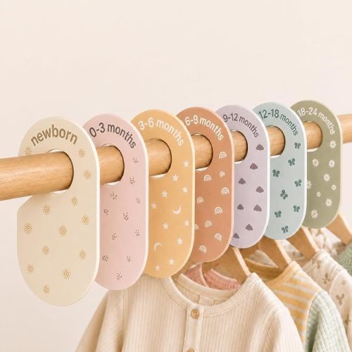 Baby Size Clothes Dividers for Closet: Nursery Hanger Month Dividers for Clothing Organizer - Set of 7 Infant Age Separators from Newborn to 24 Months for Boho Room Decor