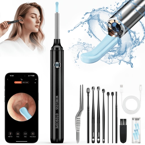 VIIWII Ear Wax Removal Kit with 1080P HD Camera - Ear Cleaner Tool for iPhone & Android, Safe Earwax Remover with Light, 6 Ear Spoon , WiFi Connected (Black)