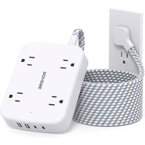 10FT Surge Protector Power Strip, Flat Extension Cord with 2 USB C, Flat Plug Power Strip, 4 Widely Outlets and 4 USB Charging Ports, Outlet Extender, 900 Joules, for Home Office Dorm Room Essentials