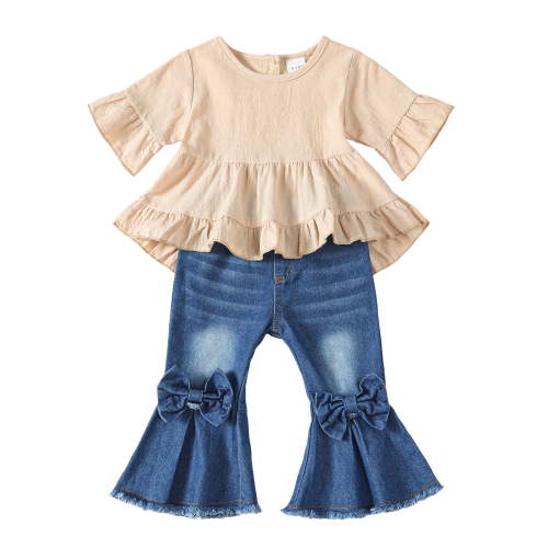 Infant Baby Girls Clothes 6 Months Girls Outfits 12 Months Girls Short Sleeve Round Neckline Top Jeans Pants 2PCS Girls Clothing Set Apricot