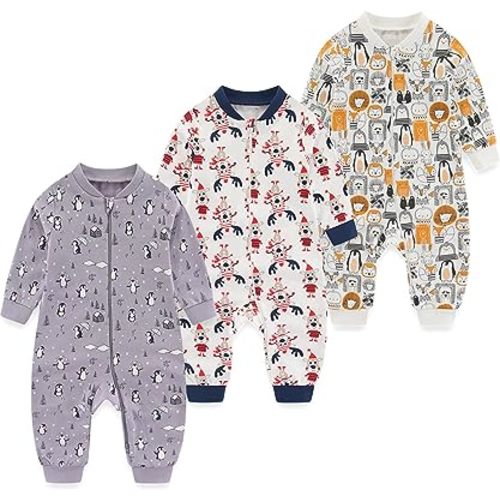 Newborn Baby 2-way Zipper Romper Cotton One-piece Jumsuit 3-pack, 0-24 Months