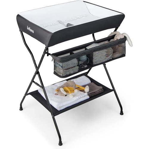INFANS Foldable Baby Changing Table, Portable Diaper Station with Nursery Organizer, Safety Belt, Storage Racks, Black