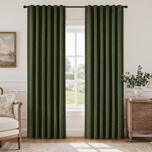 HOMEIDEAS 100% Blackout Olive Green Faux Linen Curtains 63''L 2 Panels