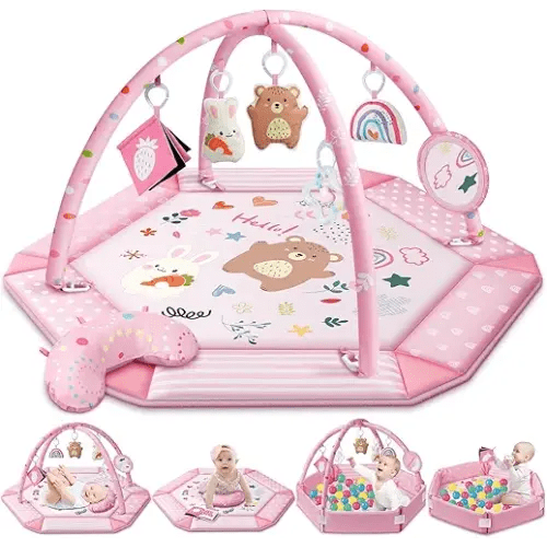 Baby Gym Play Mat, 8-in-1 Tummy Time Mat & Ball Pit with 6 Toys, Washable Baby Activity Mat for Visual, Hearing, Sensory, Motor Development, Babies Gift for Newborn Infant 0-3-6-9-12 Months (Pink)