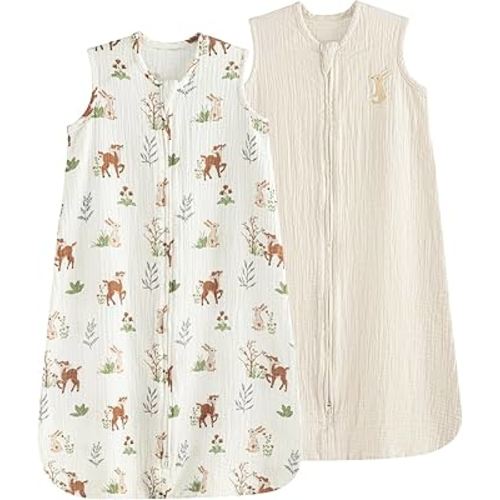 PHF 100% Muslin Cotton Baby Sleep Sack, 0-6 Months Baby Wearable Blanket with 2-Way Zipper, 2 Pack Soft Breathable Cooling 0.5 TOG Small Size Sleeveless Sleeping Bag for Boys/Girls, Woodland