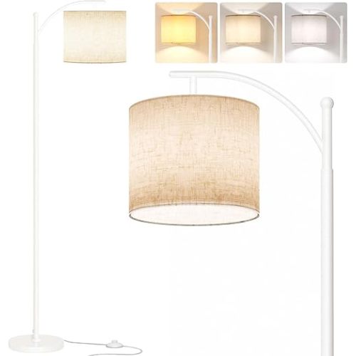 SUNMORY Arc Floor Lamp, Modern Floor Lamp with 9W 3 Color Temperatures Bulb, Metal Standing Lamps with Adjustable Hanging Lampshade, Tall Floor Lamps for Living Room, Bedroom, Office (White)