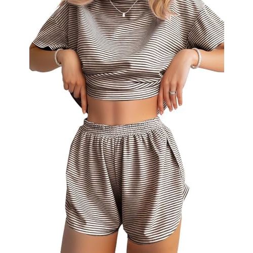 JUSTFASHIONNOW Womens Pajama Sets Shorts Striped Print Two Piece Lounge Sets Crew Neck Sleepwear Split Shorts Set Soft Pjs