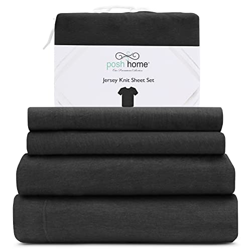 Posh Home King Size Jersey Knit Sheet Set, 4-Piece - Soft & Breathable All-Season Cotton Blend with Deep Pockets - Flat Sheet, Fitted Sheet & 2 Pillowcases - Black