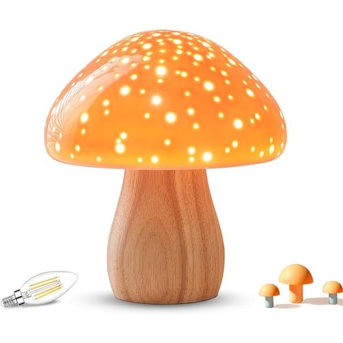 BOHON Mushroom Lamp, Ceramic Bedside Table Lamp for Bedroom Nightstand, Retro Vintage Orange Night Light, Small Aesthetic Lamp for Living Room Desk Home Decor, LED Bulb Included, Orange