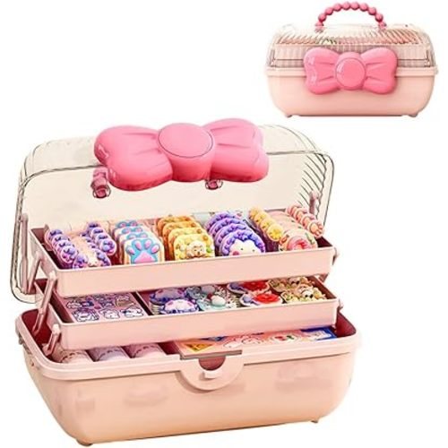 3-Layer Kids Hair Accessories Organizer with Bowknot Lock Cute Jewelry Box Headband Hair Tie Clip Organizer Box for Little Girls - Pink
