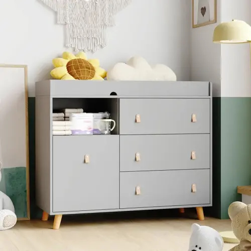 Changing Table Dresser, Baby Nursery Dresser with 3 Drawers and Shelf, Top Guardrail and Large Storage Cabinet, Hidden Trash Storage, Baby Changing Dressers for Nursery Room, Gray