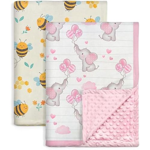 SANDJEST Minky Blanket 2 Pack with Dotted Back 30 x 40 Inches, Gift for Christmas Birthday (Bee, Elephant)