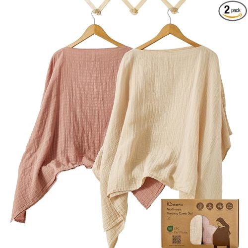 Nursing Cover for Breastfeeding, 2 Pack, 100% Cotton Muslin, 360° Privacy, Lightweight & Breathable, Multi-Use Baby Car Seat & Stroller Cover, Linen & Dusty Pink