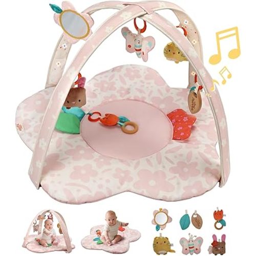 Baby Play Gym & Activity Mat with Light-up Musical Arch, Tummy Time Mat with 6 Detachable Sensory Toys for Motor Skills & Sensory Development, Baby Essentials Shower Gift - Spring Blossoms Themed
