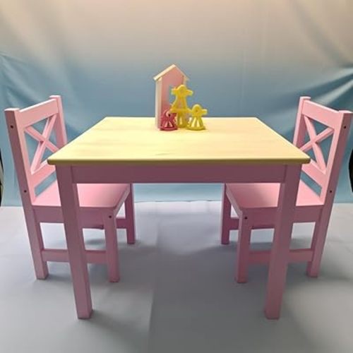 PETIT BATEAU Solid Wood Kids Table and 2 Chairs Set,Montessori Modern AMMEHOELA Irish Designer for 2-8 Years Toddler,PlayfulPink