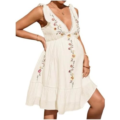 MakeMeChic Women's Summer Maternity Mini Dresses Boho Floral Embroidery Pregnancy Short Dresses Beach Vacation Flowy Dresses