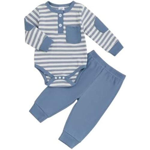 fhutpw Baby Boy Clothes 3 6 12 18 Months Ribbed Knitted Long Sleeve Romper and Pants Sets Newborn Fall Splicing Color Outfits