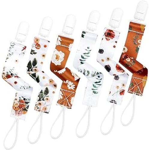 Neutral Pacifier Clip Set, 6 Pack Pacifier Holder Clip for Boys and Girls, Stylish and Practical Baby Binky Teethers, Baby Shower (Vintage Blooms)